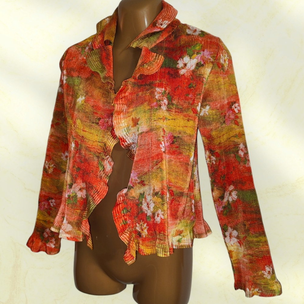Women's CAELIANN Ribbed Ruffle Long Sleeve Floral Cardigan